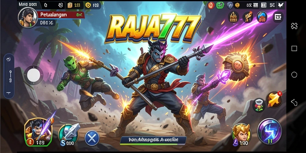 Tampilan seru gameplay RAJA777 saat bertempur melawan musuh.