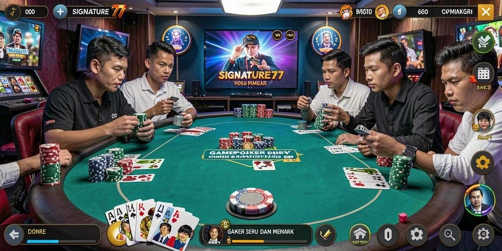 Screenshot gameplay <strong>SIGNATURE77</strong> yang menampilkan suasana bermain poker yang mendebarkan.